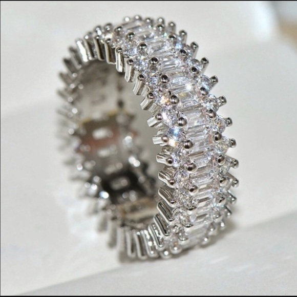 Emerald Cut Silver Eternity Ring - Picture 2 of 7